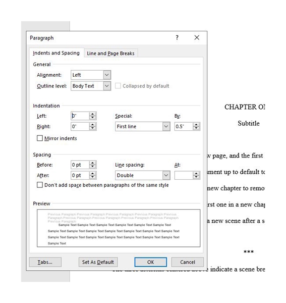 A book manuscript should be properly formatted with the correct indentation for new paragraphs.